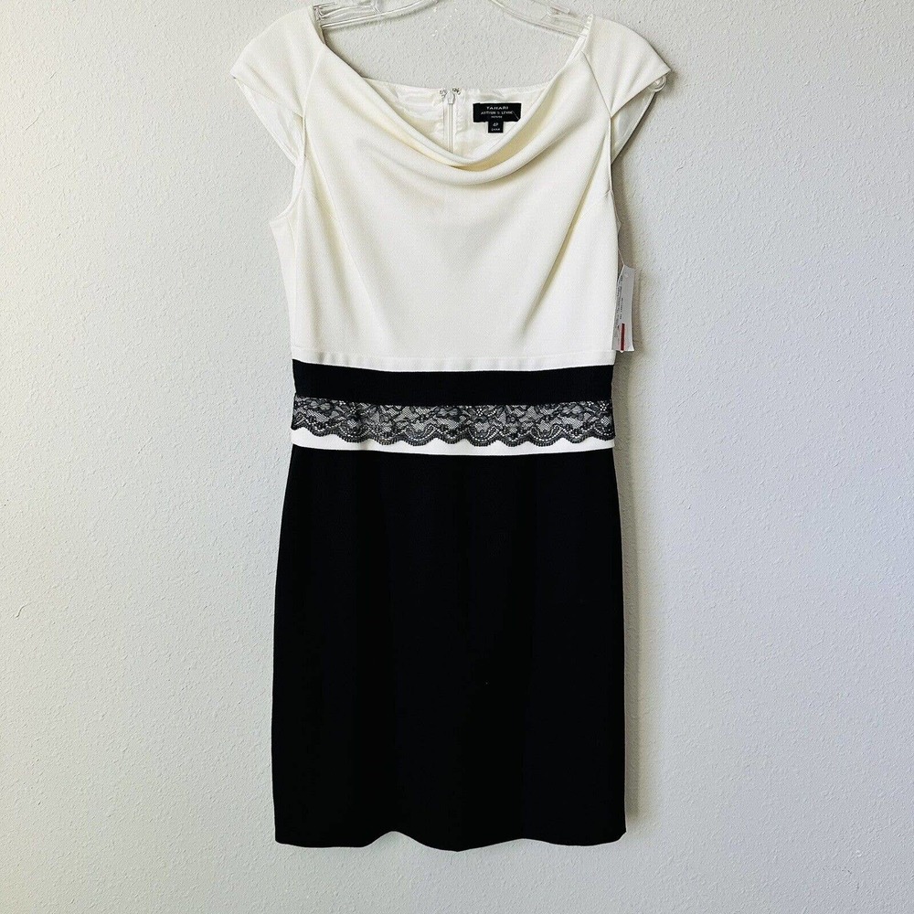 Tahari Cream and Black Color Block Cowl Neck Pencil Dress